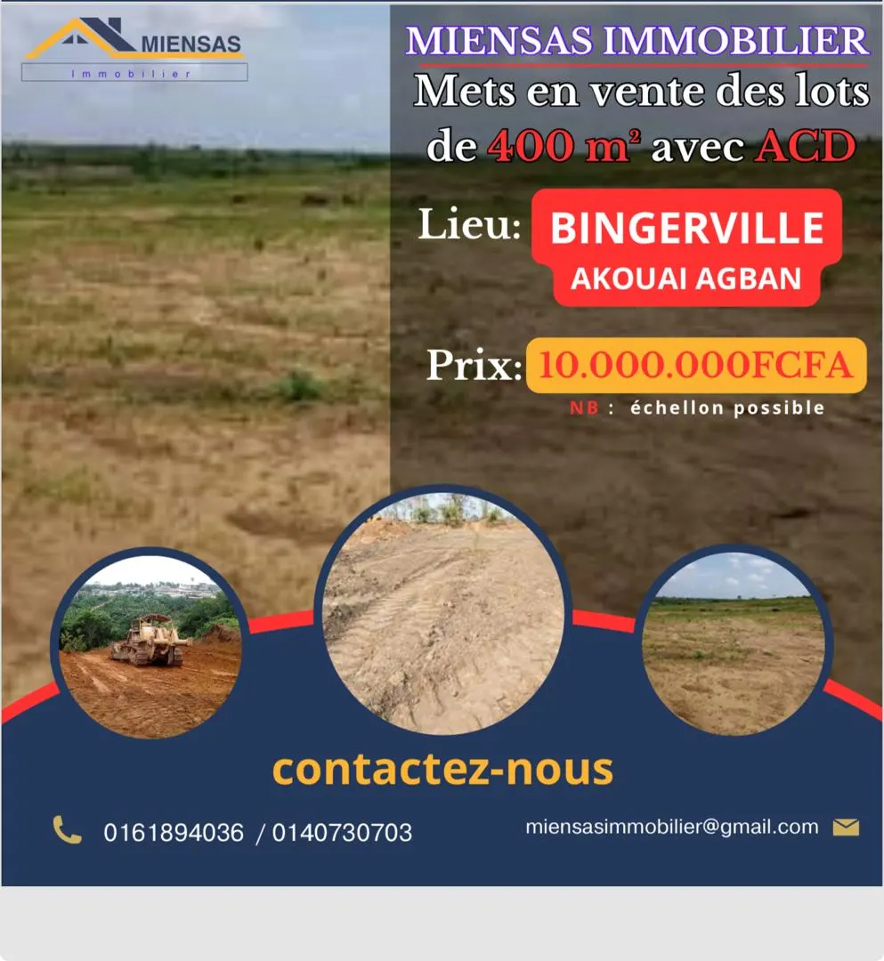 Terrain 400 m² avec ACD — Akouai Agban, Bingerville