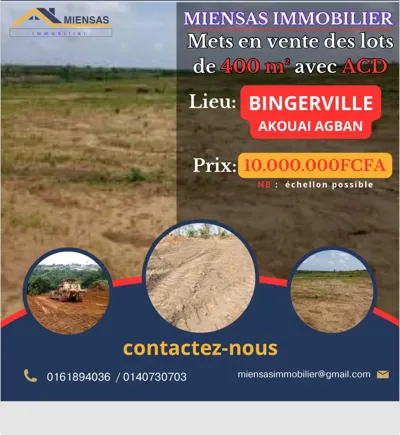 Terrain 400 m² avec ACD — Akouai Agban, Bingerville