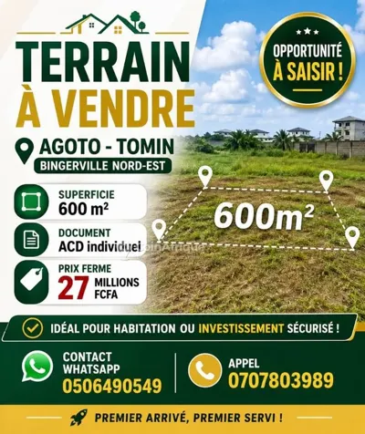 Terrain 600 m² — Bingerville Agoto-Tomin